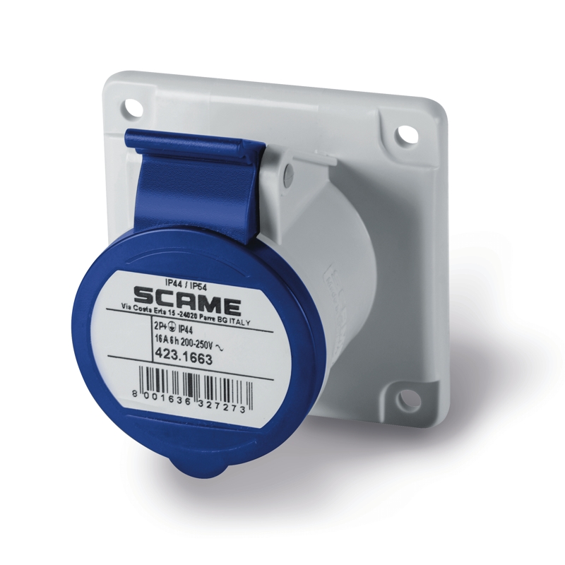 SCAME - Industrial socket 2P+E 16A 230V IP54 STRAIGHT series Optima panel mounting 75x75mm 423.1663