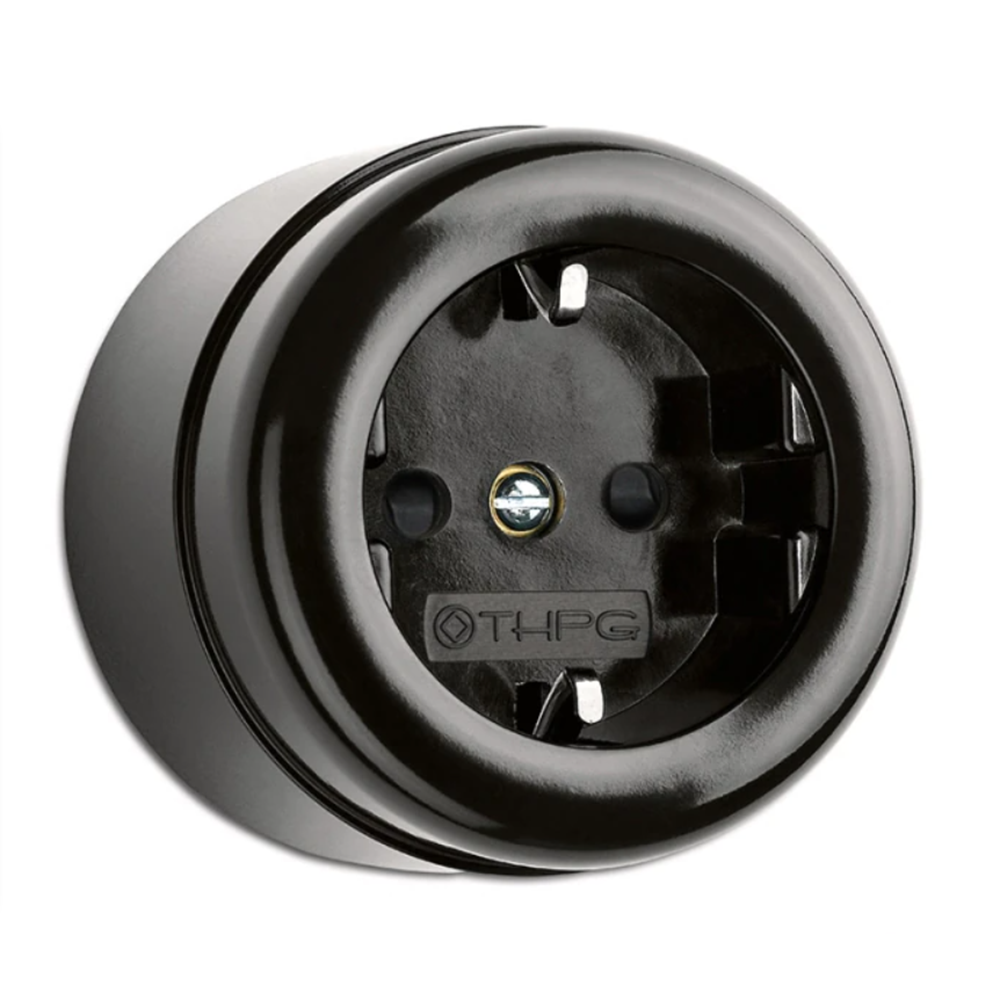 THPG - Outlet Schuko surface-mounted with base plate Bakelite 16A 250V IP20 D: Ø 62mm H: 49 mm  184200
