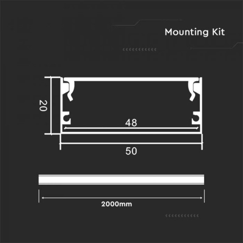 V-TAC - LED Strip Mounting Kit With Diffuser Aluminum 2000*50*20mm ...