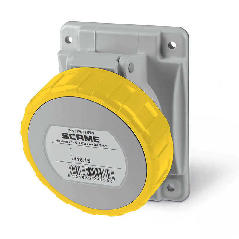SCAME - Industrial socket YELLOW 2P+E 16A 100-130V IP66/67, 4h series Optima panel mounting 70x87mm 418.1660