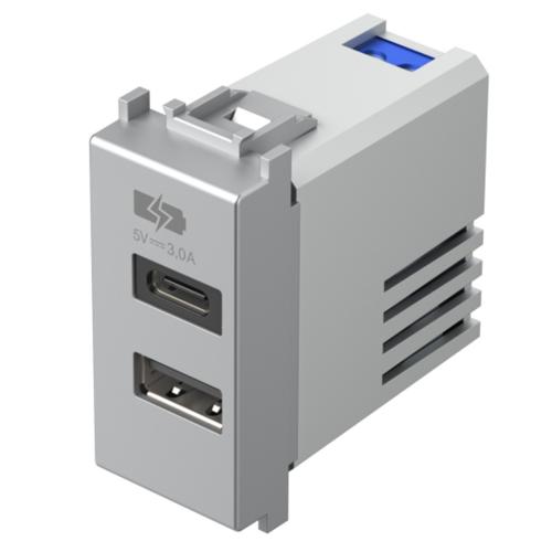 TEM - EM68ES Socket 2xUSB for charging type A+C 3A 15W 1M, color Silver matt, Modul