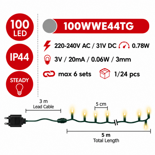 ACA LIGHTING - 100WWE44TG 100 LED STRING LIGHTS PER 5cm WARM WHITE, ADAPTOR 31VDC & CONNECTABLE MAX 6 SETS, IP44 5m GREEN CABLE
