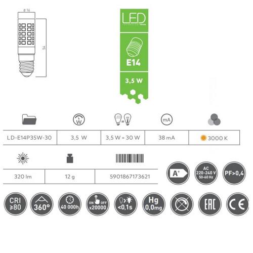 GTV Lighting - LD-E14P35W-30 LED лампа 3,5W E14 3000K AC220-240V 360° 320lm