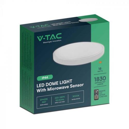 V-TAC - 18W LED Dome Light Round Microwave Sensor White Frame 4000K IP44 SKU: 76601