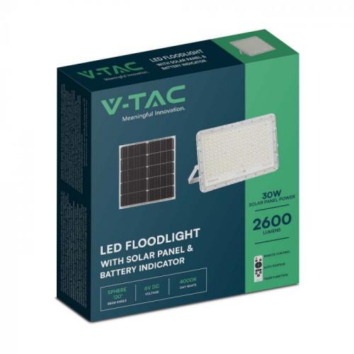 V-TAC - 30W LED Соларен Прожектор 6400K Сменяема Батерия Бяло Тяло SKU: 7847