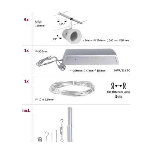 PAULMANN - 94459  CorDuo cable system Cone basic set ✴GU5.3 max. 5x10W ~230/12V✴matt chrome/chrome
