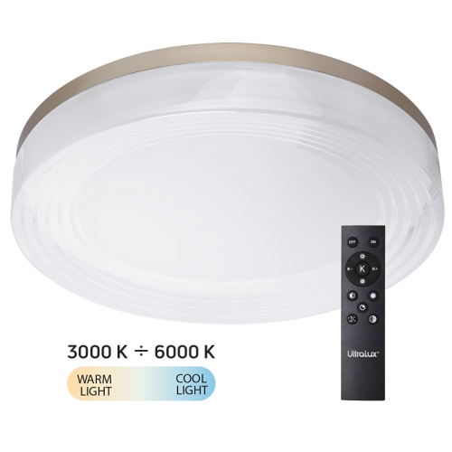 ULTRALUX - SPL7L72RC LED димираща ССТ плафониера с дистанционно управление, злато, max.72W, 3000K-6000К