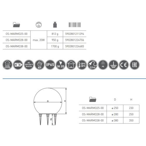GTV Lighting - OS-MARMO28-00 Градинска лампа MARMO 28 20W E27 220VAC