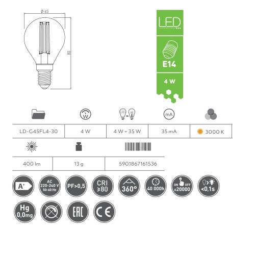 GTV Lighting - LD-G45FL4-30 LED крушка 4W E14 3000K AC220-240V 360° 400lm