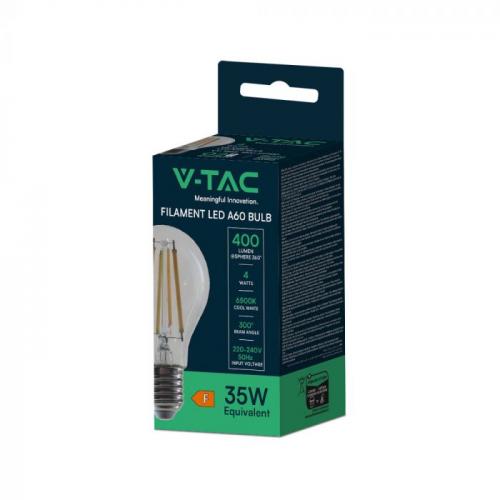 V-TAC - LED Крушка 4W Filament E27 A60 Прозрачно Покритие 6400K SKU: 217120 