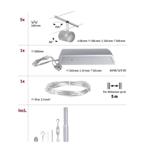 PAULMANN - 94465  CorDuo cable system Cup basic set✴GU5.3 max. 5x10W ~230/12V✴matt chrome/chrome