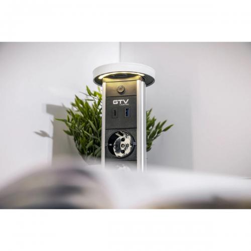 GTV Lighting - Контакт за вграждане в мебел CAMINO Pull-up 2x Schuko, USB A+C, безжично зарядно 10W, кабел 1,5 м, черен AE-BPW2SCAM-20