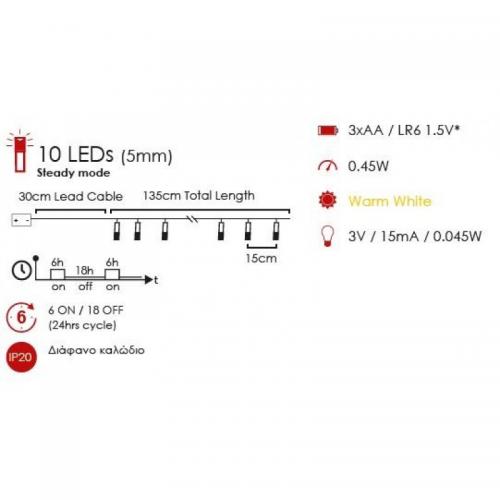 ACA LIGHTING - RUBBER WIRE 10 LED STRING LIGHTS , with TIMER, WARM WHITE, IP20, 165cm FMGPEAR10WW2AT