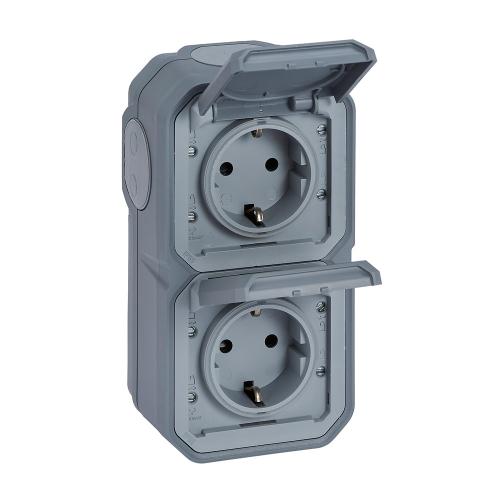 LEGRAND - Socket schuko 16A DOUBLE vertical screw terminals monobloc for surface mounting color Gray IP55 Plexo New 69744L