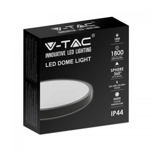 V-TAC - 18W LED Dome Light Round Black Frame 3000K IP44 SKU: 7633  VT-8618