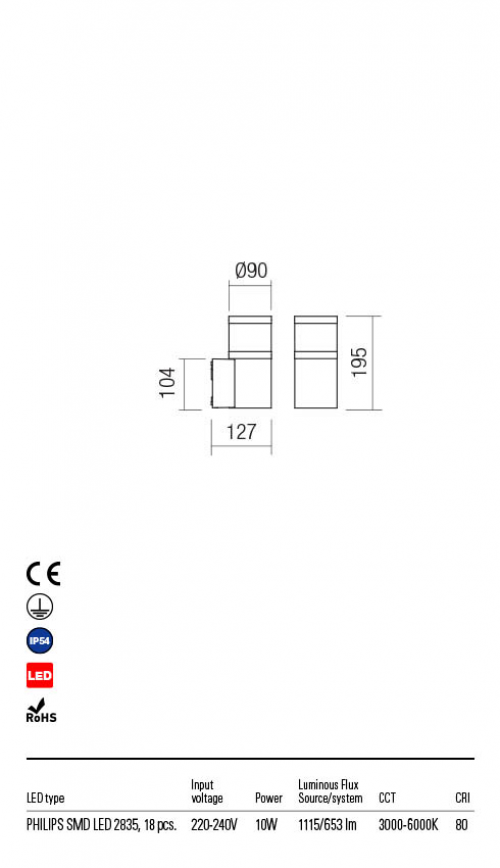 REDO GROUP - Аплик POD 90054 AP LED SMD 10W IP54 DG 3000K(TUYA)