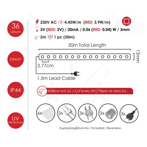 ACA LIGHTING - LED светещ маркуч 50м , с три кабела, топло бяла светлина 4.45W/m, външна употреба IP44 X0818122 
