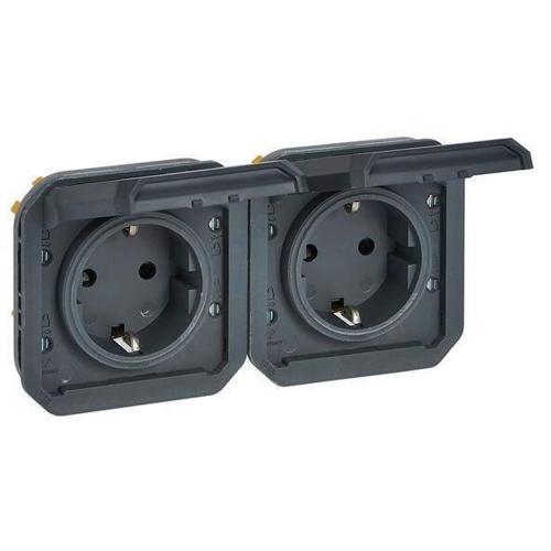 LEGRAND - Socket schuko 16A DOUBLE horizontal aut. terminals mechanism color Anthracite IP55 Plexo New 69879L