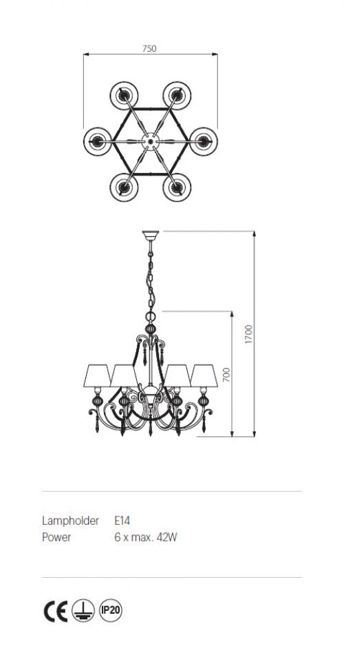 INCANTI - Полилей  COSTANZA ICT C6 21 02   CAND 6X42W E14 ORO/AVORIO