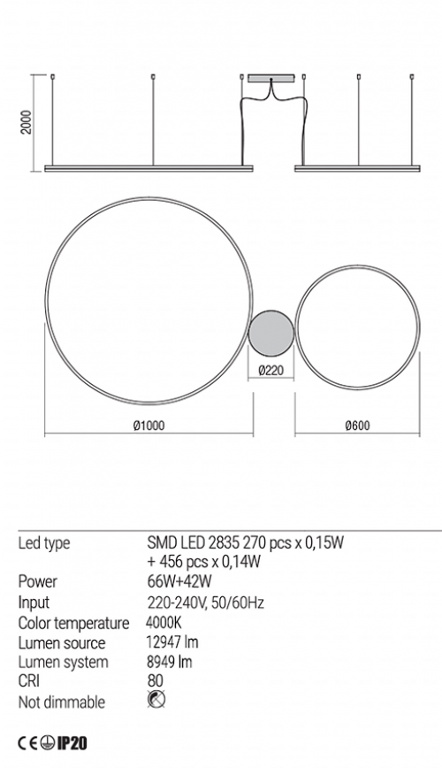 REDO GROUP - Пендел ORBIT 01-1966-DALI LED 66W+42W 4000K D1000+600 SAND BLACK-DALI