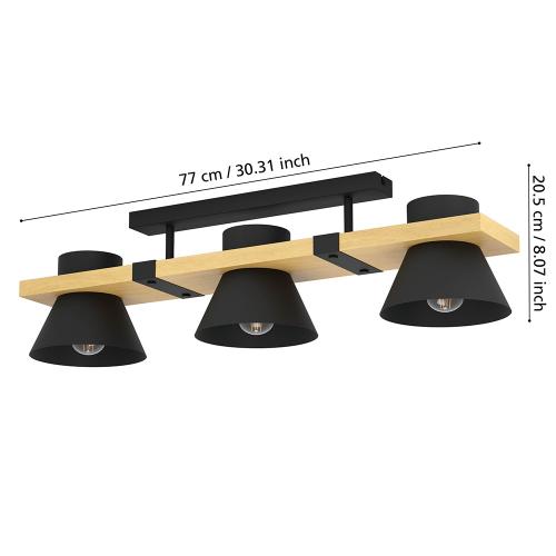 EGLO - ceiling light MACCLES E27 3X15W black/wood - 43955