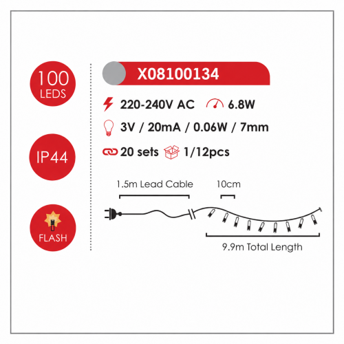 ACA LIGHTING - X08100134 ^ 100 FLASH LED RUBBER CABLE WW STRING LIGHTS CONTECT. (MAX 20), 10CM DIST., 10M,IP44, 1.5 LEAD CABLE