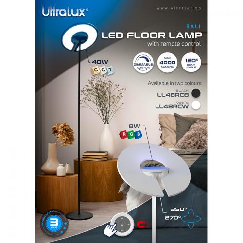 ULTRALUX - LED floor lamp CCT+RGB with remote control, dimmable, black, 40W+8W, IP20 LL48RCB