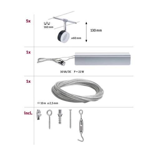 PAULMANN - Въжена осветителна система (комплект) 94457  CorDuo LED cable system ClearLED basic set✴5x150lm⚡5x4W⚡2700K~230/12V✴Черен/Хром