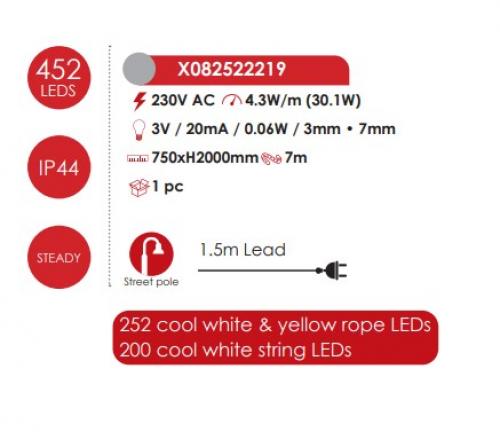 ACA LIGHTING - HALF XMAS TREE 252&200 LED 2-WIRE ROPE+STRING LIGHTS, CW+YELLOW STEADY, IP44, 750x200CM, 1.5m LEAD CABLE X082522219