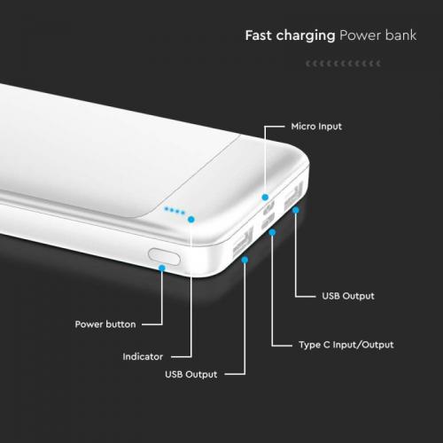 V-TAC - 10000mAh Външна Батерия Бързо Зареждане Бяла SKU: 7834 |  VT-10005