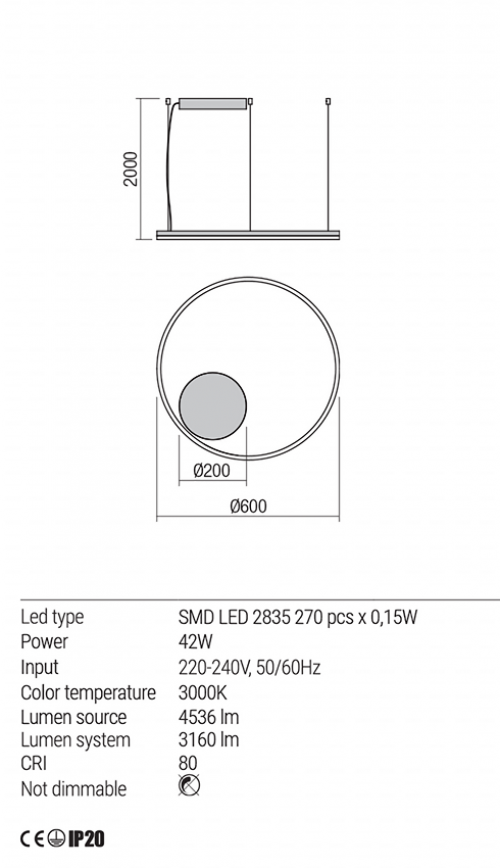 REDO GROUP - Пендел ORBIT 01-1948-DALI  LED 42W 3000K D600 SAND BLACK-DALI