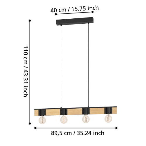 EGLO - Пендел BAILRIGG E27 4X40W черно/дърво - 43902