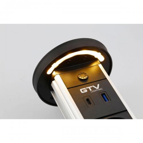 GTV Lighting - Контакт за вграждане в мебел CAMINO Pull-up 2x Schuko, USB A+C, безжично зарядно 10W, кабел 1,5 м, черен AE-BPW2SCAM-20