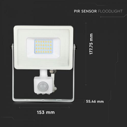 V-TAC - 20W LED Прожектор Сензор SAMSUNG Чип Бяло Тяло 6400K SKU: 450