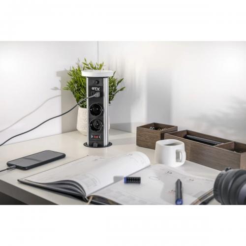 GTV Lighting - Контакт за вграждане в мебел CAMINO Pull-up 2x Schuko, USB A+C, безжично зарядно 10W, кабел 1,5 м, черен AE-BPW2SCAM-20