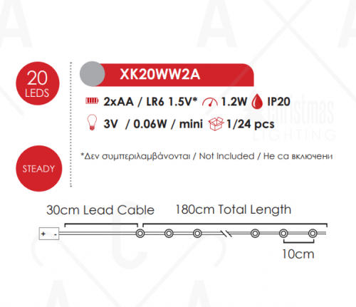 ACA LIGHTING - 20 LED гирлянд, топло бяла светлина 1.2W,с батерии 2xAA / LR6 1.5V вътрешна употреба IP20 XK20WW2A