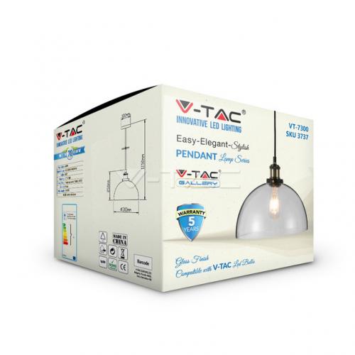 V-TAC - Стъклен Пендел Винтидж Прозрачен Ф300 SKU: 3737 VT-7300