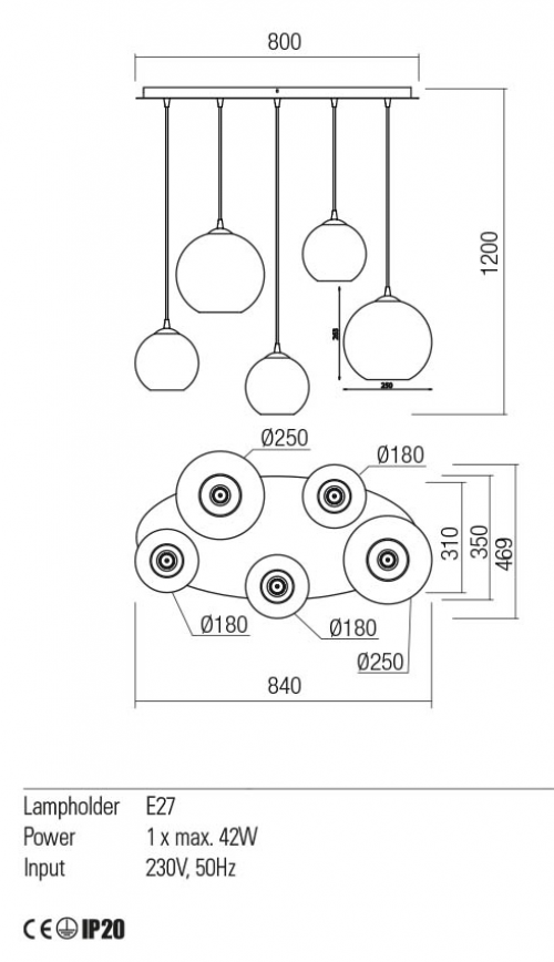 REDO GROUP - Пендел BOWL  01-2079  SU 5X60W E27 SGS