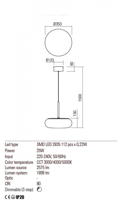 REDO GROUP - Пендел UBIS 01-2233 LED 25W, 2575lm, 3000/4000/5000K, dimmable 