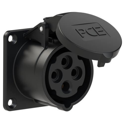 PCE - CEE-flanged socket straight (70x70mm) 32A 4p 6h IP44 black 324-6x