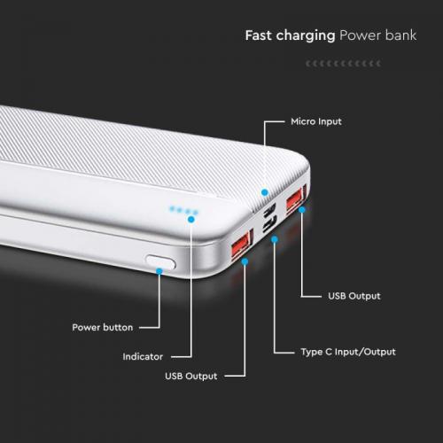 V-TAC - 10000mAh Външна Батерия Бързо Зареждане Бяла SKU: 7832 VT-10000