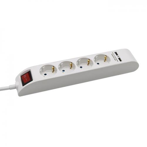 V-TAC - 4 Гнезда Разклонител 2 USB 3x1.5-1.4м Ключ Бял SKU: 8808 VT-1144-2