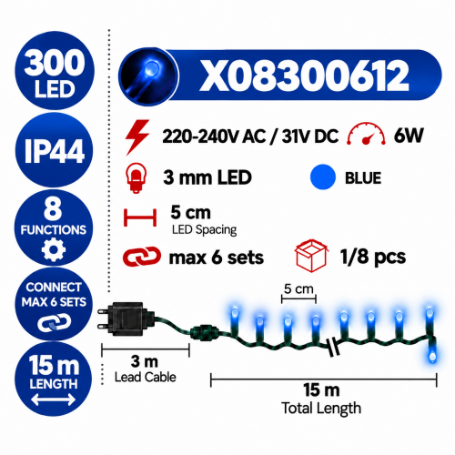 ACA LIGHTING - X08300612 ^ 300 LED STRING LIGHTS (PER 5cm), BLUE, ADAPTOR (31VDC) & 8 FUNCTIONS,IP44, 15m, GREEN CABLE