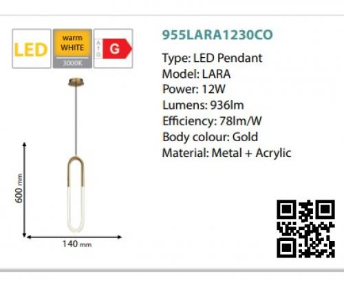 ELMARK - LARA LED ПЕНДЕЛ 12W 3000K 936lm МЕД 955LARA1230CO