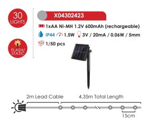 ACA LIGHTING - 30 CW SOLAR LEDS, OPAL BALLS, STRING LIGHTS, BAT., SOLAR, FLASH, BLACK WIRE, IP44, 4.35m+2m X04302423