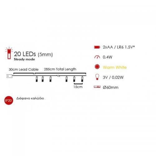 ACA LIGHTING - RUBBER WIRE 20 LED STRING LIGHTS, WARM WHITE, IP20, 285cm XT20WW2A