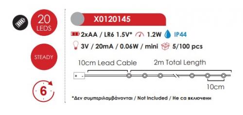 ACA LIGHTING - 20 LED COPPER WIRE STRING LIGHTS TIMER 6 On/18 Off WW BLACK COPPER WIRE & BAT.2XAA IP44 2m+10cm X0120145