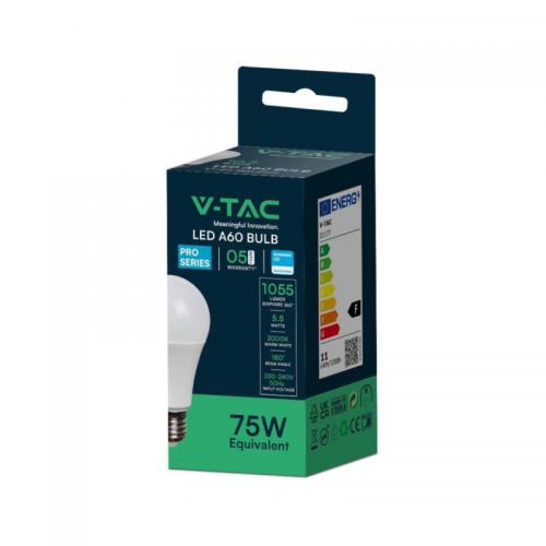 V-TAC - 10.5W A60 LED Plastic Bulb SAMSUNG Chip 3000K E27 SKU: 21177