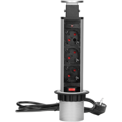 ORNO - Pop up desk socket Ø6cm with blocking system and 1.8m cable, 3x2P+E, Schuko