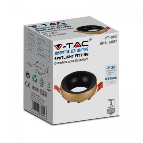 V-TAC - GU10 Корпус за вграждане златна рамка + черен рефлектор SKU: 6697